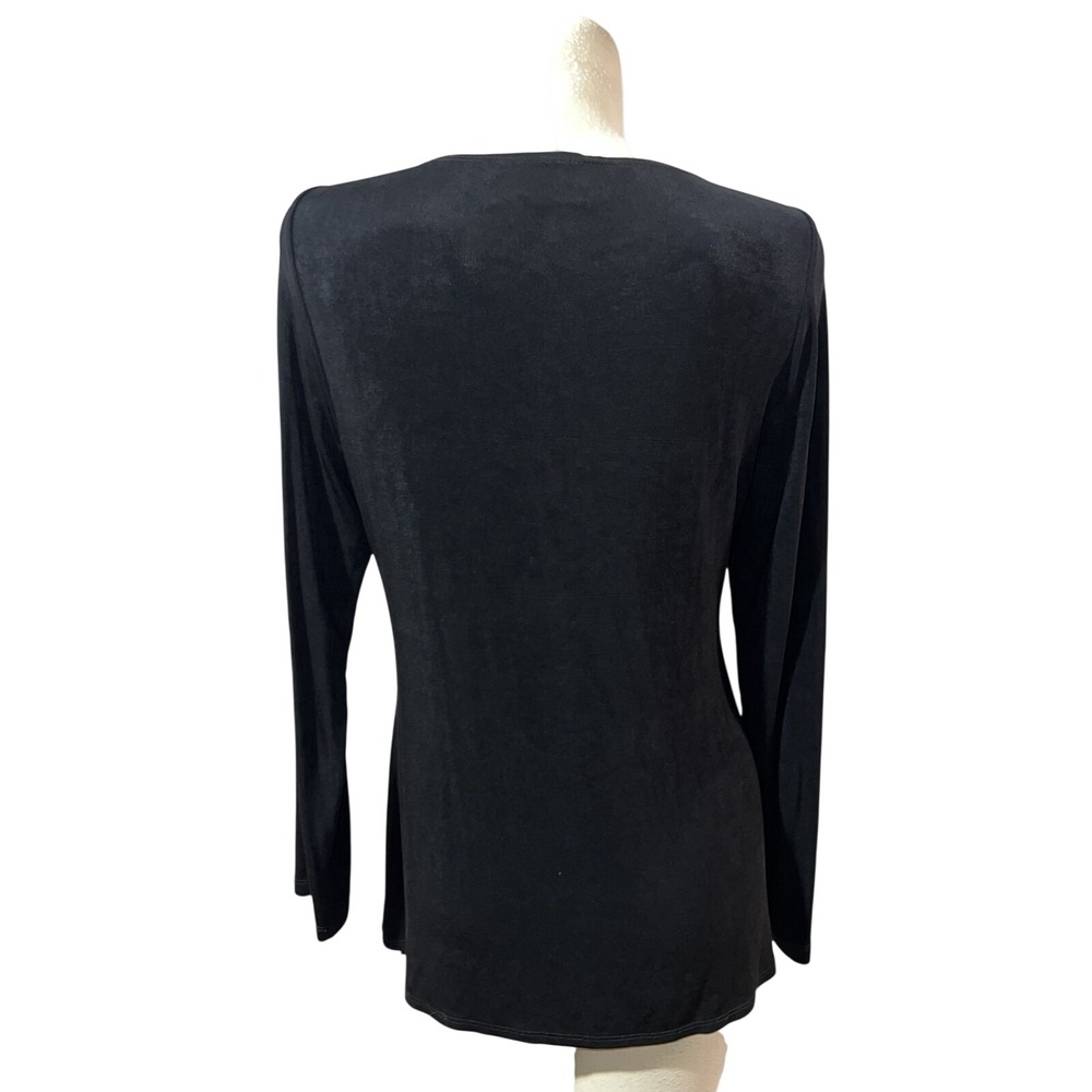 Chicos Travelers Black Slinky Knit Asymmetrical Side Drape Tunic Top Size 1 - Picture 7 of 8